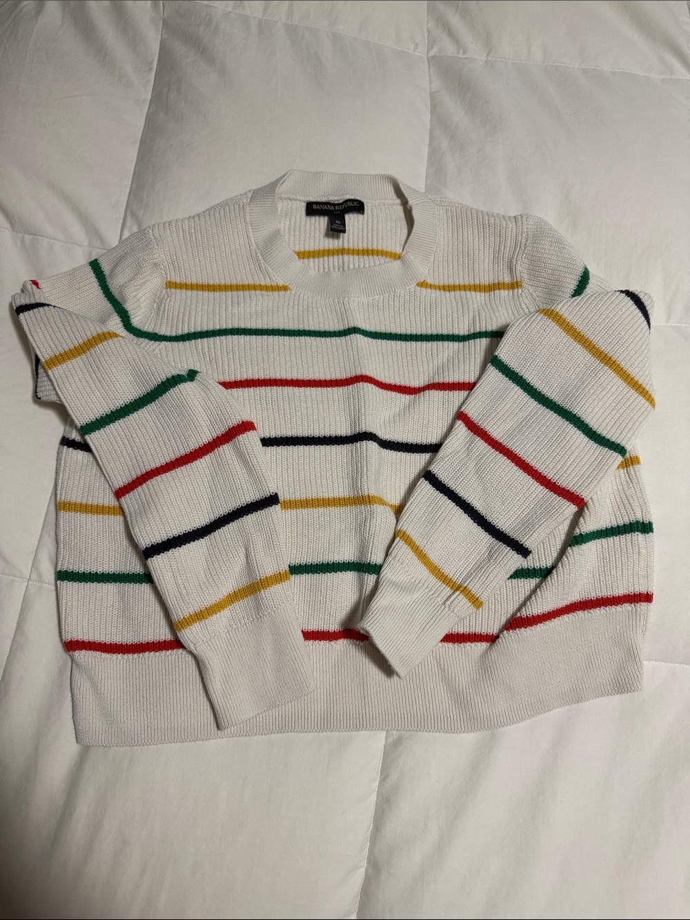 Banana Republic White Crewneck Sweater with Red, Green, Navy & Yellow Stripes